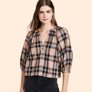 STAUD Dill Plaid Blouse size Medium with puff sleeves